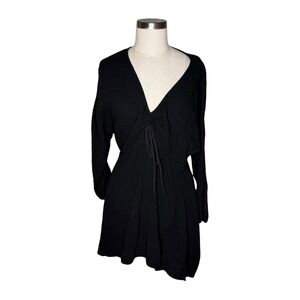 THE HANDLOOM Gaia Drawstring Gauze Mini Dress Black V-Neck Cinch Front One Size
